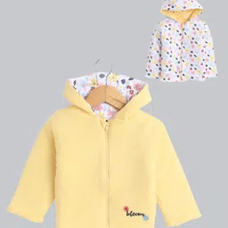 BUMZEE Cotton Knit Full Sleeves Floral Printed & Embroidered Hooded Reversible Jacket - Yellow & White-picture-40