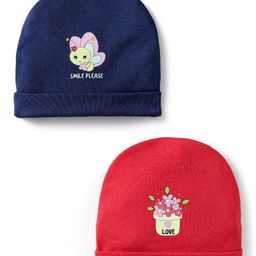 Doodle Poodle Interlock Cotton Knit Caps with Honey Bee & Floral Print Pack of 2 Red & Navy Blue - Demeter 11 cm-picture-2