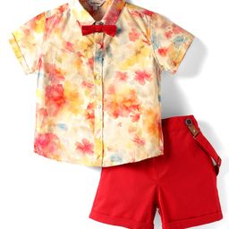 ToffyHouse Poplin Woven Half Sleeves Ombre Printed Shirt & Shorts Set With Bow & Suspender - Red-picture-10
