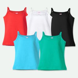 Ariel Cotton Lycra Knit Pack Of 5 Sleeveless Solid Camisoles - Red White Black Sky Blue & Green-image-88