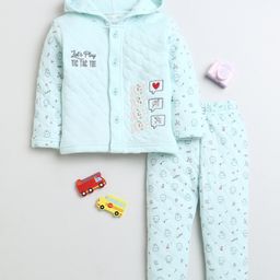BUMZEE Knit Full Sleeves Hooded Shirt & Lounge Pant Set With Animal Print - Light Blue-picture-22