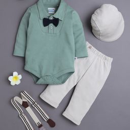 BUMZEE Cotton Knit Full Sleeves Solid Color Onesie & Pant Set With Suspender & Cap - Beige & Green-picture-47