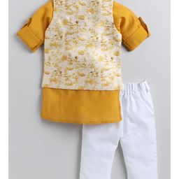LITTLE COLLARS Full Sleeves Solid Kurta Pyjama With Abstract Printed Sequin Embellished & Embroidered Jacket Set - Mustard image 3