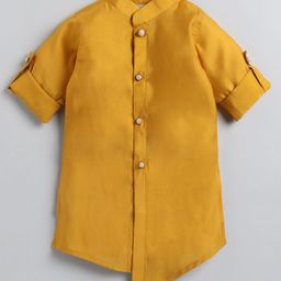 LITTLE COLLARS Full Sleeves Solid Kurta Pyjama With Abstract Printed Sequin Embellished & Embroidered Jacket Set - Mustard image 4