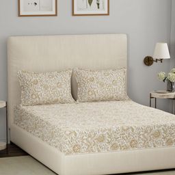 MASPAR Eclectic Garden Gold Toned & White Printed 144TC Cotton Queen Fitted Bedsheet Set-image-9