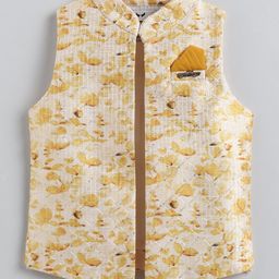 LITTLE COLLARS Full Sleeves Solid Kurta Pyjama With Abstract Printed Sequin Embellished & Embroidered Jacket Set - Mustard image 5