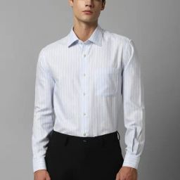 Louis Philippe Permapress Blue Cotton Regular Fit Striped Shirt-42