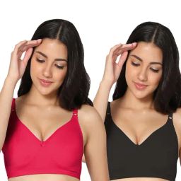 IN CARE Magenta & Black Full Coverage Non-Wired T-Shirt Bra - Pack of 2-image-38
