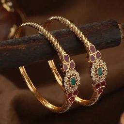 Aatmana 24KT Gold-Plated CZ & Green & Pink Stone Studded Bangles for Women (Set of 2) - 2.6-12