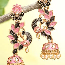 Karatcart Gold-Plated Peacock Shape Pink Kundan Jhumki Earrings for Women-32