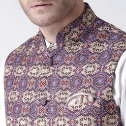 Hangup Men Multicoloured Printed Nehru Jacket With Pocket Square image 5