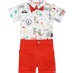 H by Hamleys Kids White & Red Printed Shirt, Shorts with Bow-image-1
