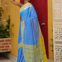 Unnati Silks Blue Cotton Chequered Saree With Unstitched Blouse-image-76