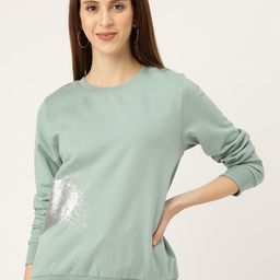 Sera Women Mint Green & Silver Glitter Heart Print Detail Sweatshirt-image-98