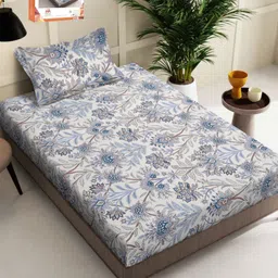 Myntra Elegant Homes White & Blue Floral 300 TC Single Bedsheet Set-2.25m X 1.50m-picture-11