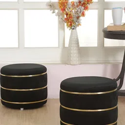 Shadowkart Set Of 2 Black Wooden Round Shaped Ottomans-15
