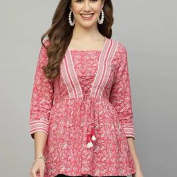 QOMN Pink Cotton Floral Print Top-picture-13