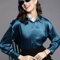 SASSAFRAS Women Teal Blue Comfort Fit Satin Longline Party Shirt-image-91