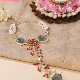 Zaveri Pearls Pink & Green Kundan & Pearls Elegant Ethnic Hand Harness-ZPFK14828-5