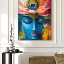 Myntra Elegant Homes Blue Shree Krishna Closed Eyes Face Canvas Religious Wall Art-41