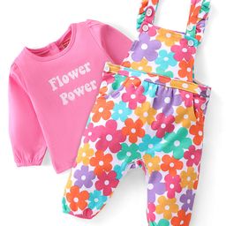 Babyhug 100% Cotton Knit Floral Printed Dungaree with Full Sleeves Inner Tee - Pink-image-35