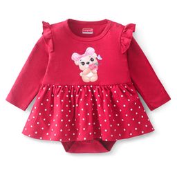 Babyhug 100% Cotton Knit Full Sleeves Frock Style Onesie Bear Print - Red-image-95
