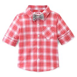 Babyhug Cotton Woven Full Sleeves Checkered One Pocket Party Shirt with Bow Tie - Red & White-image-42