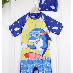 PASSION PETALS Half Raglan Sleeves Shark Printed Coordinating Swimsuit & Cap Set - Yellow & Blue-image-49