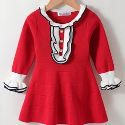 Kookie Kids Full Sleeves Winter Frock with Frill Detailing - Red-picture-24