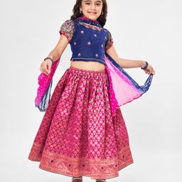 Babyhug Short Sleeves Floral Embroidered Pattu Pavada Lehenga Choli Set With Dupatta - Fuschia-image-64