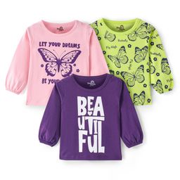 Doodle Poodle 100% Cotton Knit Full Sleeves Butterfly & Text Print Tops Pack of 3 - Purple Peach & Lime-image-72