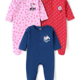 Babyhug Disney Interlock Knit Full Sleeves Footed Sleep Suits with 101 Dalmatians Graphics Pack of 3 - Red Navy & Pink-image-10