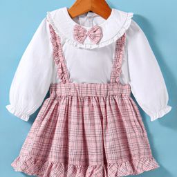 ToffyHouse Poplin Knit Full Sleeves Collared Top with Checkered Skirt & Bow Applique - Pink-image-20