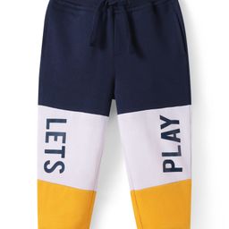 Babyhug Terry Knit Full Length Colour Block Lounge Pant with Text Print - Navy Blue Yellow & White-image-83