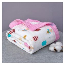VOIDROP 6-Layer Baby Muslin Blanket110 x 110 cm Organic Cotton ice-cream and popsicle Print, Soft & Breathable for Newborns & ToddlersPink Border, Lightweight Swaddle Blanket-2