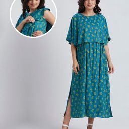 Dummy Shape Viscose Rayon Half Cape Sleeves Floral Printed Maternity Poncho Gown With Nursing Access - Turquoise-image-95