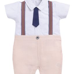 BABY GO Cotton Half Sleeves Striped Suspender Mock Style Romper -Beige-picture-43