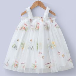 Mark & Mia Sleeveless Floral & Text Embroidered A Line Party Frock - White-image-59
