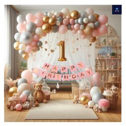 Bubble Trouble 66 Pcs Birthday Decoration Items For Girl Pink White & Silver Balloons| Birthday Decoration Items With Curtain| | 1st Birthday Decoration For Girls|1 No Foil Ballons| Butterfly Theme Decoration-image-11