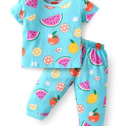 Babyhug Cotton Knit Half Sleeves Night Suit With Fruit Print - Light Blue-image-74