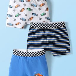 Bodycare Cotton Knit Boxers With Stripes & Vehicle Print Pack Of 3 - White Black & Blue-picture-21