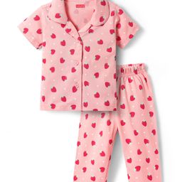 Babyhug Cotton Knit Half Sleeves Co-ords Front Open Night Suit with Polka Dots & Strawberry Print - Pink-image-71