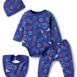 Doodle Poodle Interlock Cotton Knit Full Sleeves Onesie With Diaper Leggings Cap & Bib with Space Theme Print - Navy Blue-image-29