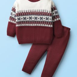 Babyhug Knit Full Sleeves Sweater Set With Aztec Design - Maroon-image-91