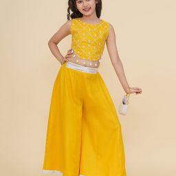 Bitiya By Bhama Cotton blend Woven Sleeveless Placement Embroidered Crop Top with Palazzo Set - Yellow-image-75