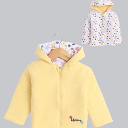 BUMZEE Cotton Knit Full Sleeves Floral Printed & Embroidered Hooded Reversible Jacket - Yellow & White-19
