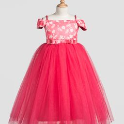 Toy Balloon Kids Net Woven Cold Shoulder Leaves Embroidered Gown - Red-picture-3