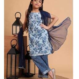 Aspriya Cotton Woven Sleeveless Floral Printed & Gota Lace Embellished Kurti Pant With Dupatta Set - Indigo Blue-image-79