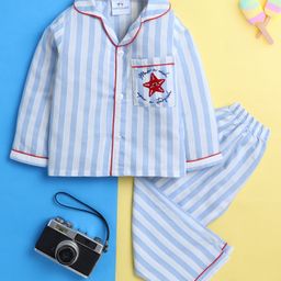 Knitting Doodles Rayon Woven Full Sleeves Striped & Starfish Embroidered On Pocket Night Suit Set - Blue & White-image-81