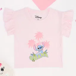 Pantaloons Junior 100% Cotton Knit Disney Lilo & Stitch Featuring Flutter Sleeves Ohana Text & Character Printed Top - Baby Pink-picture-14